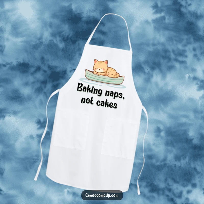 Funny cat sleeping peacefully in a small canoe, a calm and humorous apron for a peaceful cooking experience.