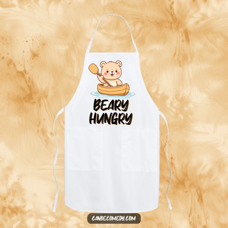 Funny Kawaii Bear Chef's Apron showing a cute bear character enthusiastically waving a paddle from a canoe, ready for kitchen adventures.