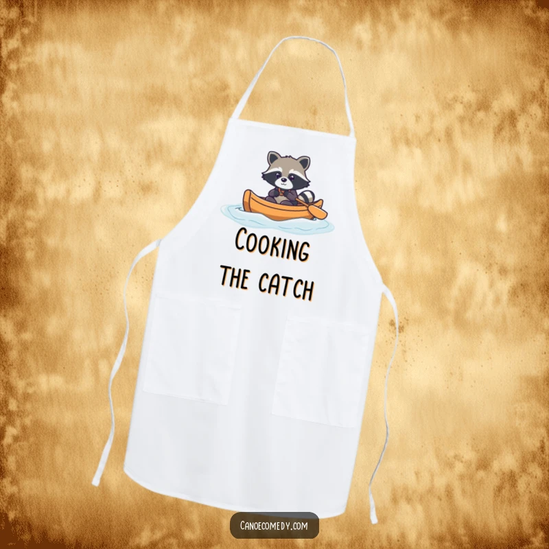 Funny kawaii raccoon in a canoe, navigating gentle waves, cute kitchen apron, gift for chefs.