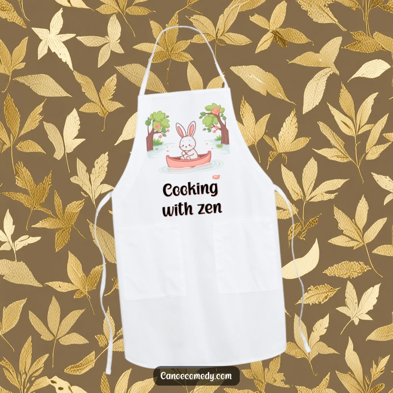 Funny kawaii rabbit in a canoe, peaceful cooking apron, cute kitchen accessory, gift for chefs.