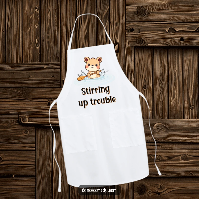 Funny apron illustrating a happy animal splashing water with a paddle in a calm river, perfect for a playful kitchen.