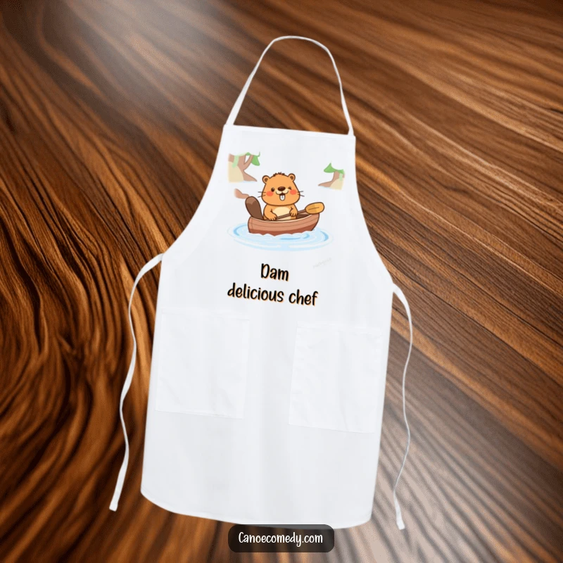 Funny apron with a happy cartoon beaver pushing a canoe, perfect for kitchen duties, adding humor and cheer, a funny gift.