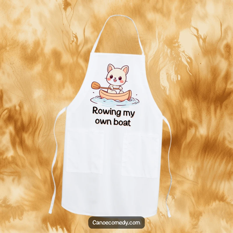 Funny Kawaii animal character paddling a tiny canoe with great enthusiasm, a humorous and practical apron for kitchen adventures.