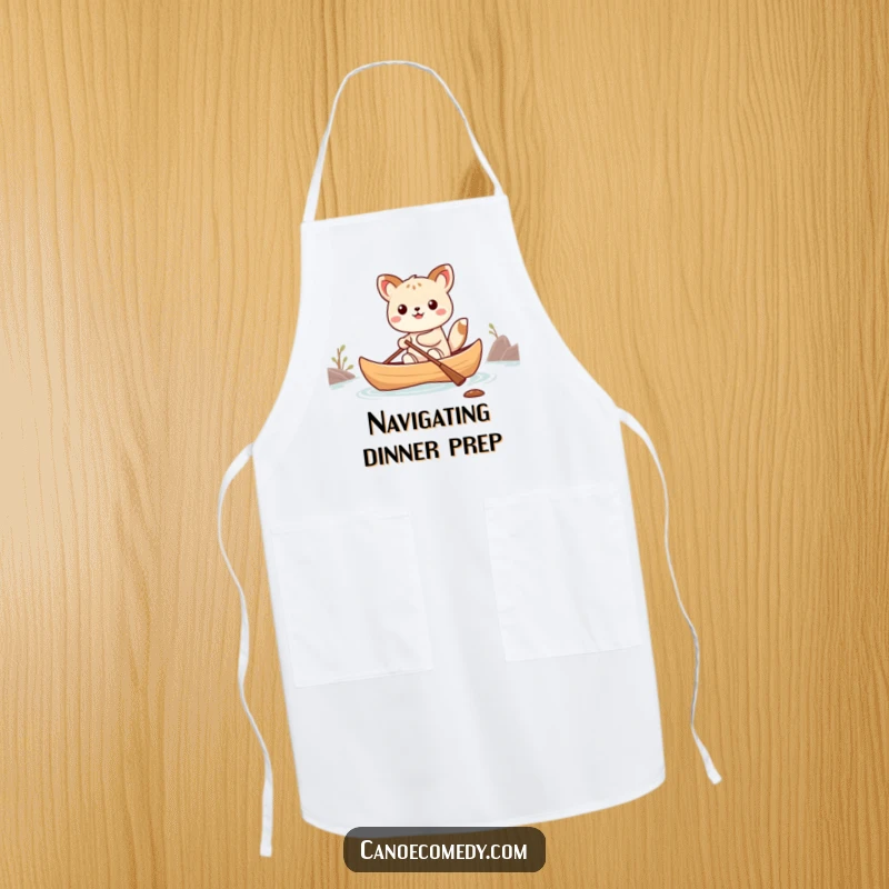Funny Kawaii animal character humorously falling out of a small canoe on a kitchen apron, a comical wear.