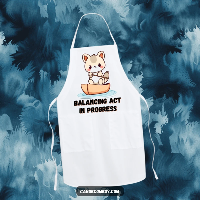 Funny Kawaii animal character in a canoe, trying to stay balanced, printed on a functional kitchen apron.