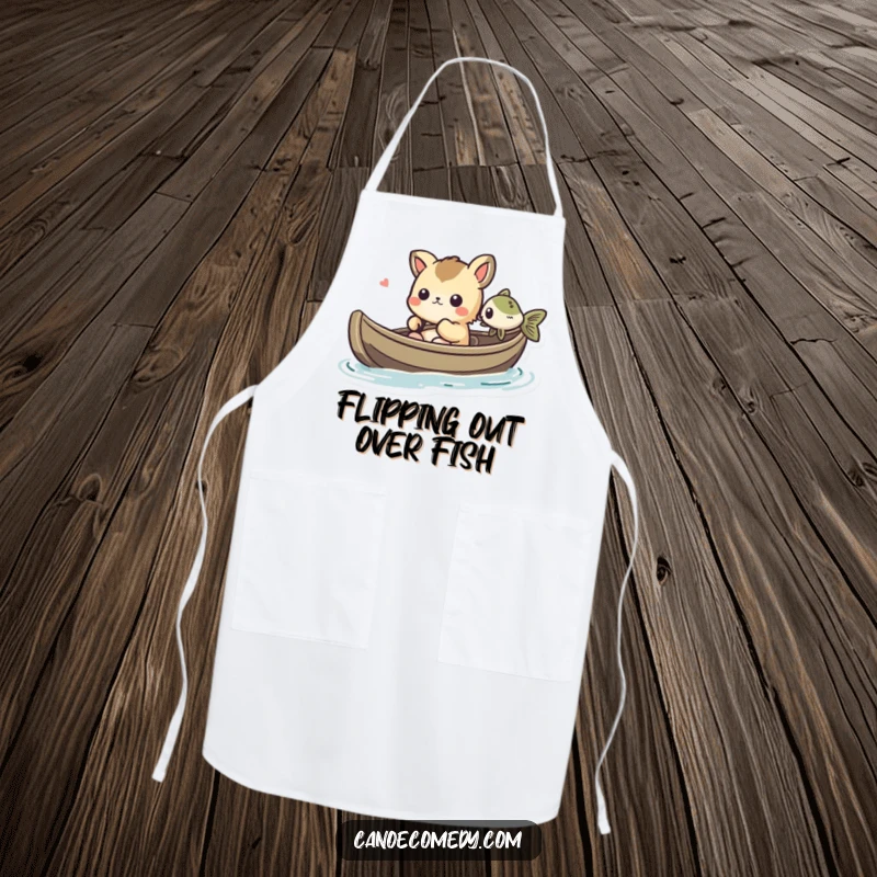 Funny Kawaii animal character in a canoe, amused by a fish, printed on a functional kitchen apron.