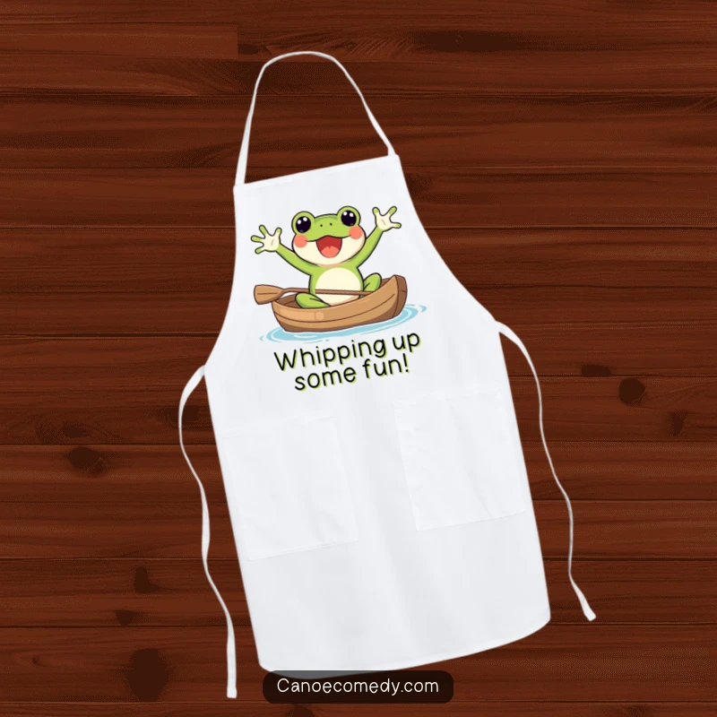 Funny Kawaii frog in a canoe, arms waving, wearing an apron, ideal for cooking and kitchen fun.