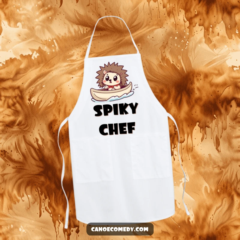 Funny Kawaii hedgehog apron showing a surprised hedgehog in a canoe as it speeds up, perfect for kitchen fun.
