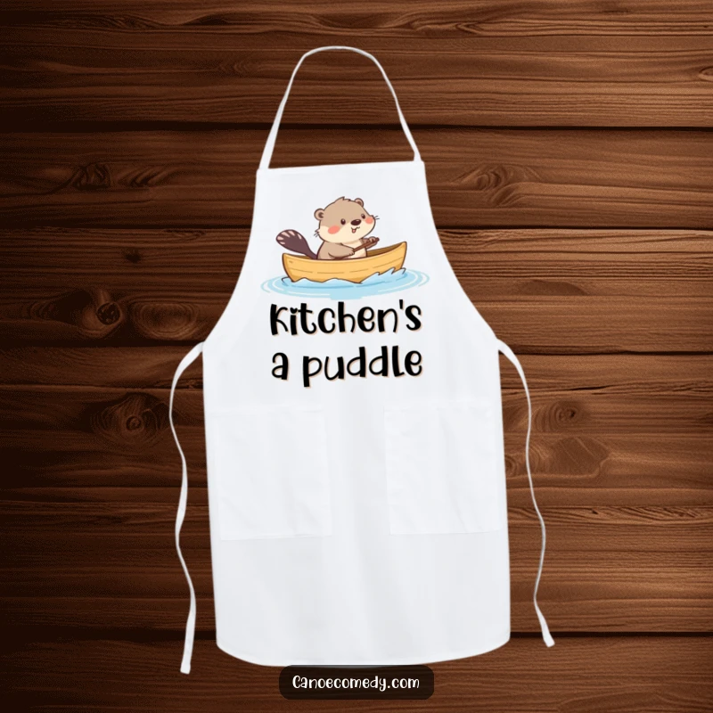 Funny apron with a playful kawaii muskrat in a canoe, splashing water, perfect for humorous kitchen protection during cooking.
