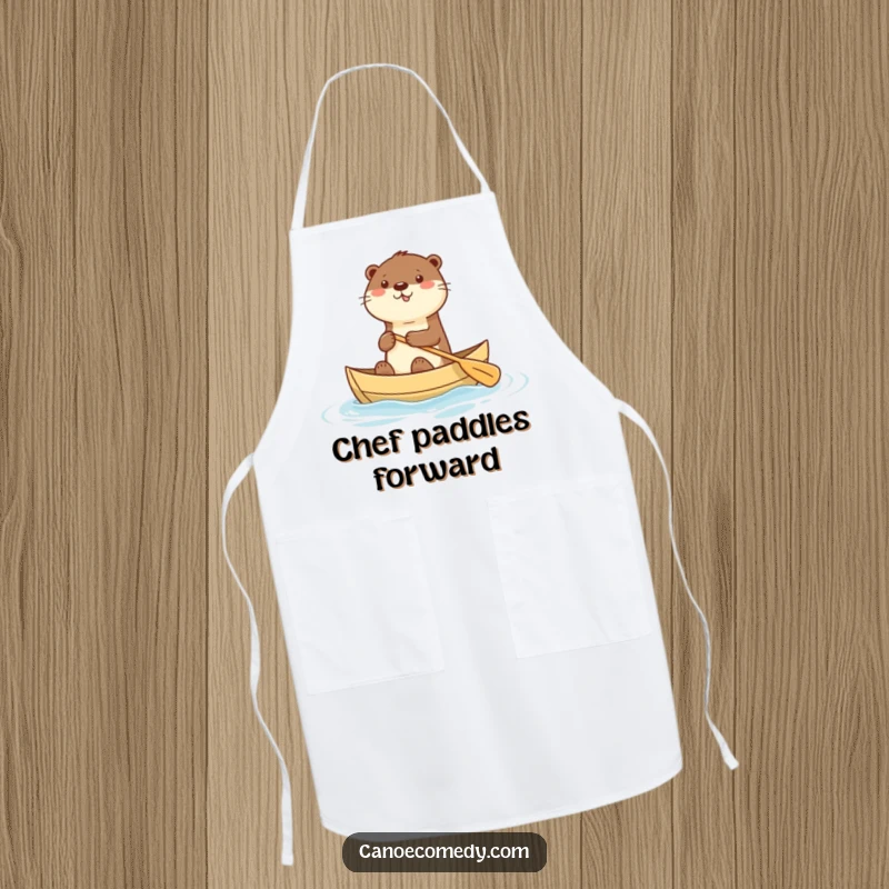 Funny apron with a happy kawaii otter paddling a canoe, designed for kitchen fun and cute, water-themed humor.