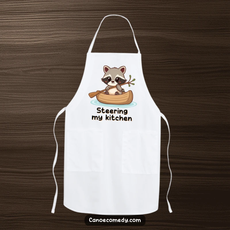 Funny Kawaii raccoon in a canoe, steering with a twig, a humorous and practical apron.