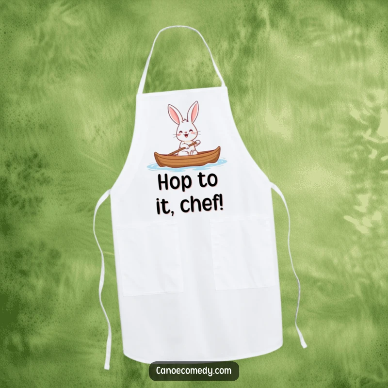 Funny rabbit apron showing a cheerful rabbit with large ears paddling a canoe, perfect for adding fun to cooking.