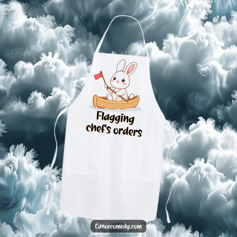 Funny rabbit in a canoe waving a tiny flag, depicted on a practical apron, adding cheerful humor to kitchen activities and cooking.