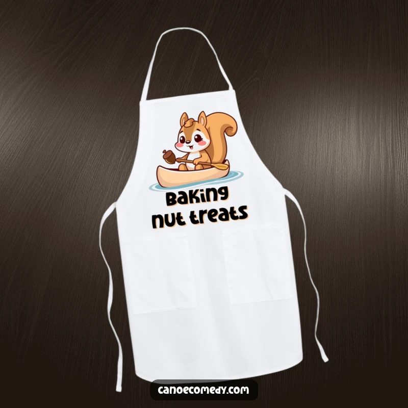 Funny squirrel holding an acorn in a canoe, cute kitchen apron, excited animal accessory, gift for chefs.