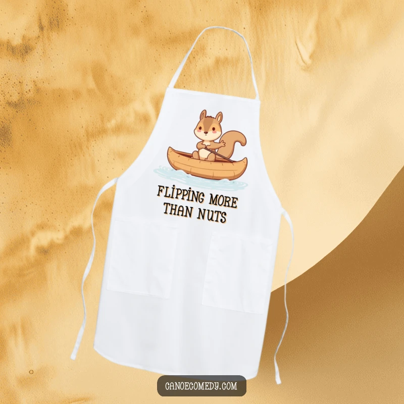 Funny squirrel character attempting to balance in a canoe, making this a humorous apron for cooking and kitchen fun.