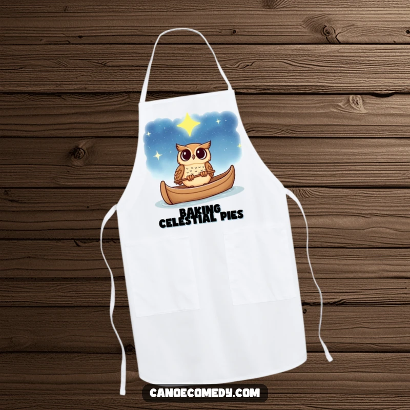 Funny owl apron, depicted gazing at a starry sky from a canoe, a humorous and inspiring culinary accessory.
