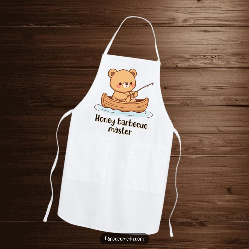 Funny Kawaii Bear Apron: Content bear fishes from a canoe, ideal for kitchen adventures.