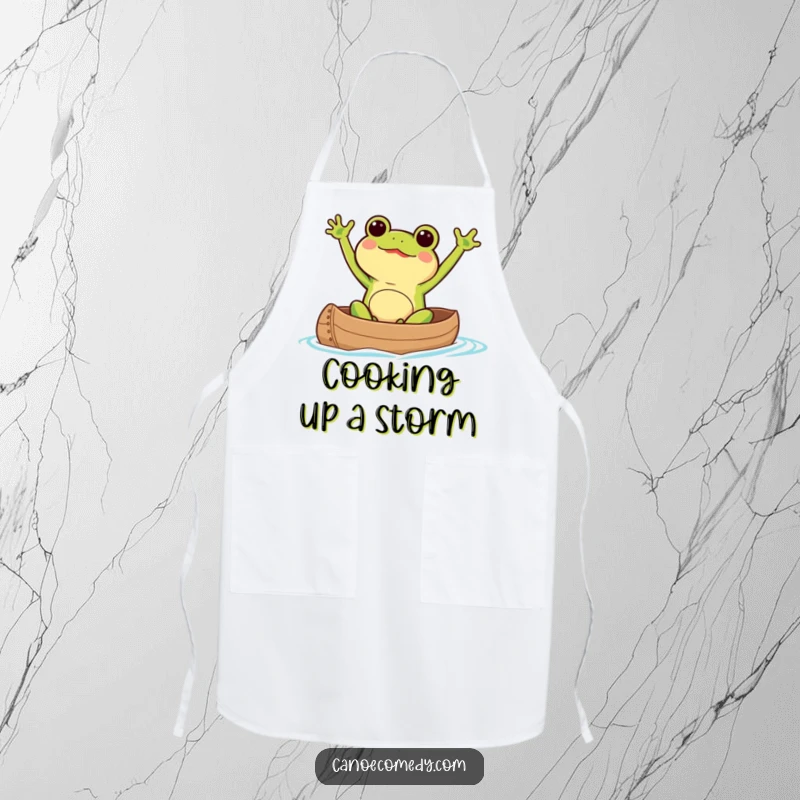 Adorable Kawaii frog excitedly waving its arms while paddling a canoe, on a practical and humorous apron.