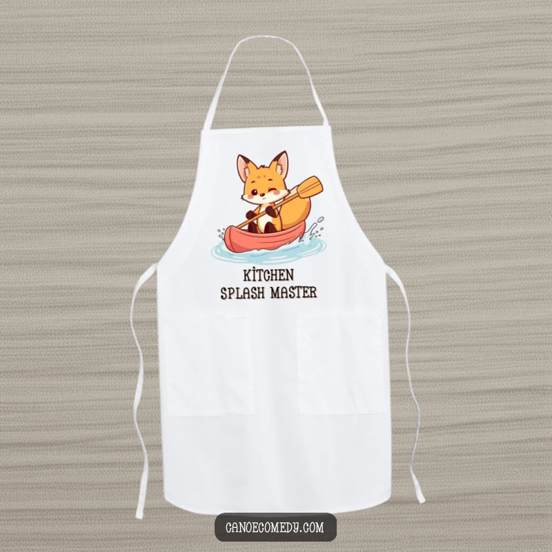 Funny fox splashing water from a canoe, playful kitchen apron, energetic animal accessory, gift for chefs.