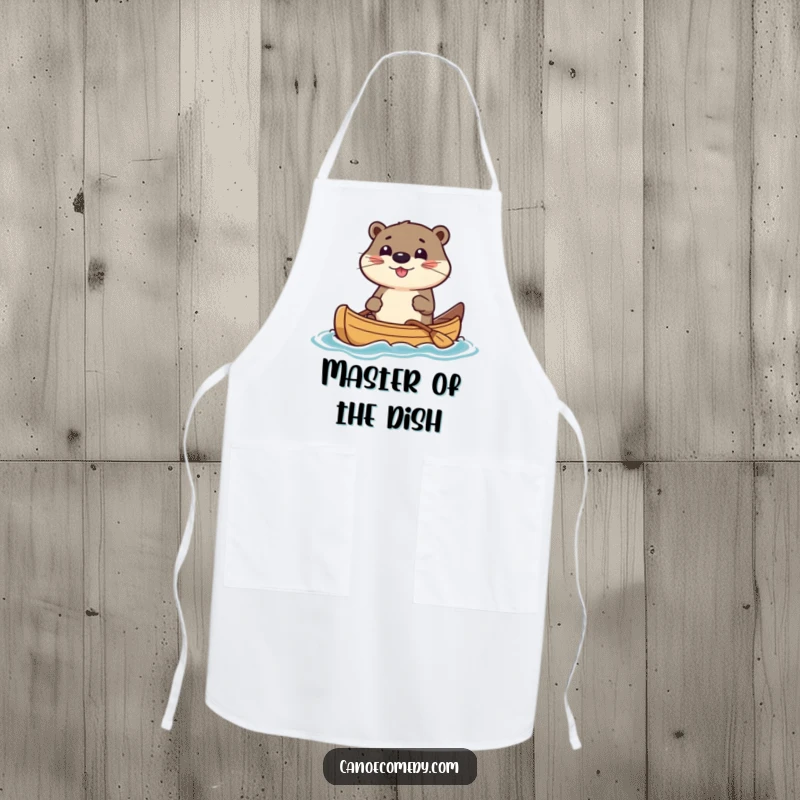 Funny Apron featuring a kawaii otter character in a canoe, ready to cook with a determined grin. A playful kitchen accessory.