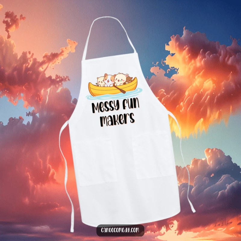 Funny apron design with a colorful canoe filled with small animals caught in fits of hilarious giggling.