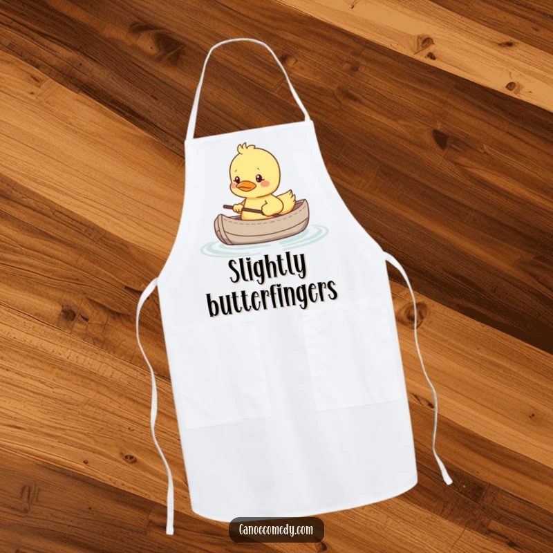 Funny apron with a shy kawaii duckling in a tiny canoe, looking nervous, perfect for humorous kitchen protection.