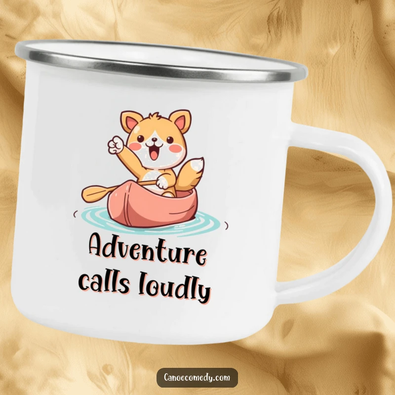 Funny Kawaii animal character in a canoe, pointing ahead, on a durable camping mug for outdoor inspiration.