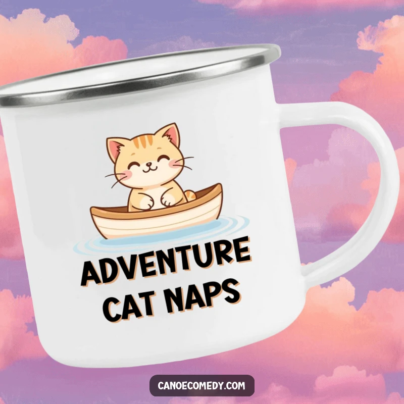 Funny Cat Floating Canoe Camping Mug, featuring a happy cat floating peacefully in a miniature canoe, for outdoor enjoyment.