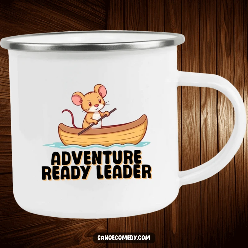 Funny camping mug showing a tiny mouse determinedly captaining a canoe, ready for exploration.