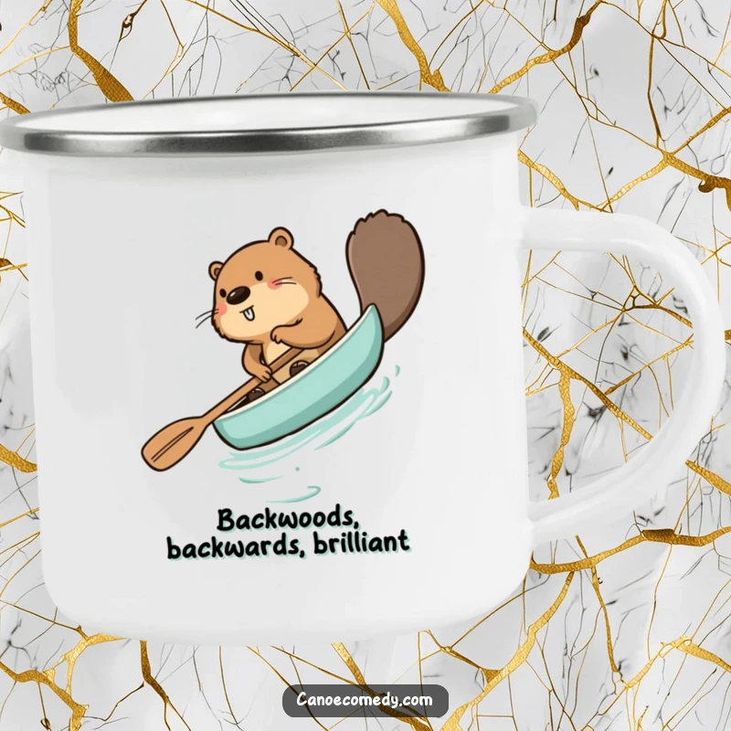 Funny beaver camping mug, comically paddling a canoe backward, perfect for outdoor enthusiasts who enjoy a laugh.