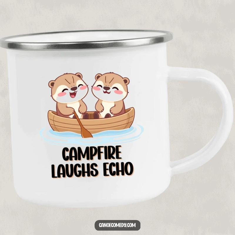 Funny Kawaii otters in a canoe, laughing joyfully, a rugged and humorous camping mug for drinks.