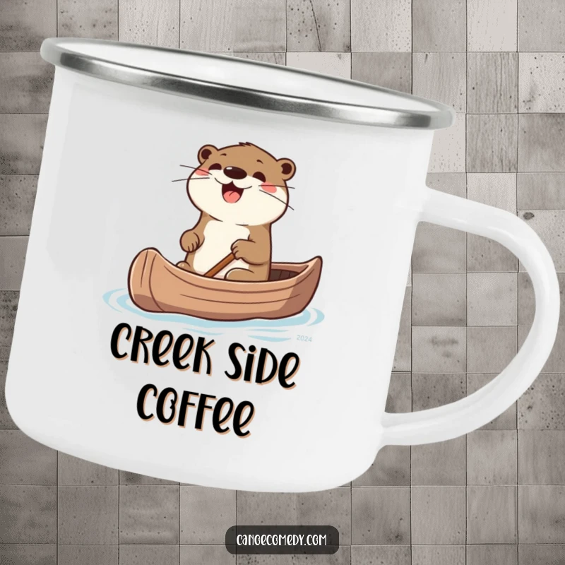 Funny Otter Camping Mug: A sturdy camping mug showing an excited otter steering a canoe.