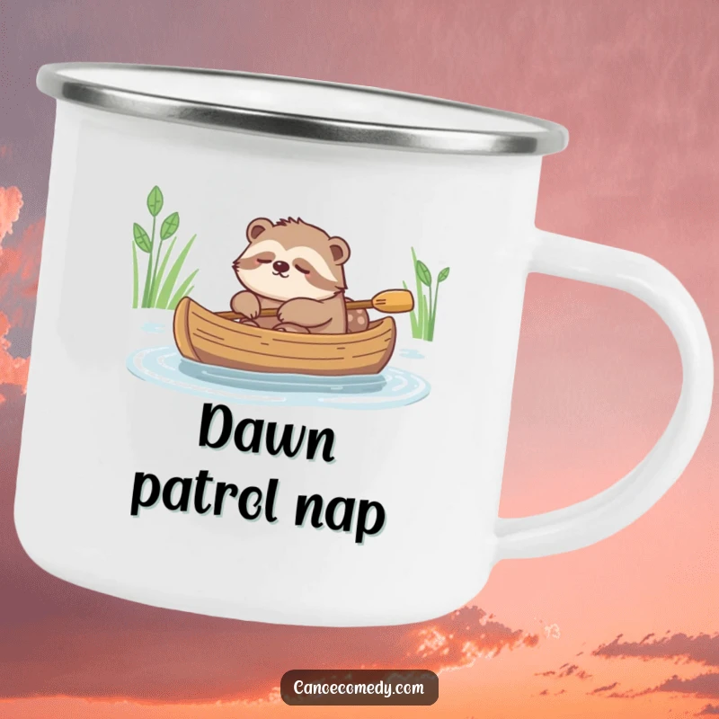 Funny camping mug showing a sleepy sloth gently drifting in a canoe, perfect for slow mornings.