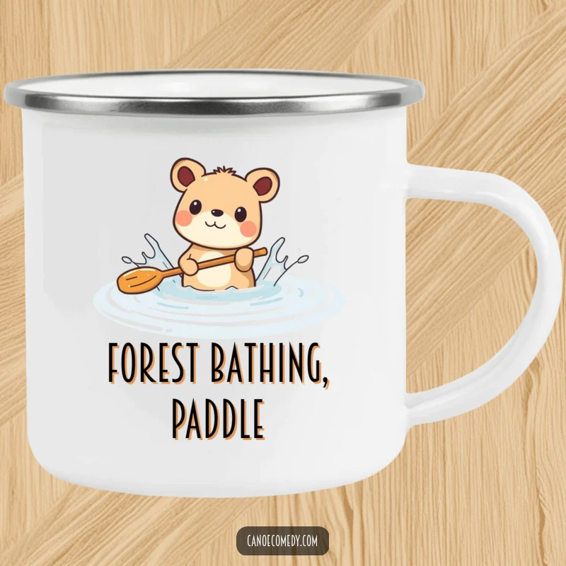 Funny camping mug depicting a happy animal splashing water with a paddle in a calm river, ideal for rugged fun.