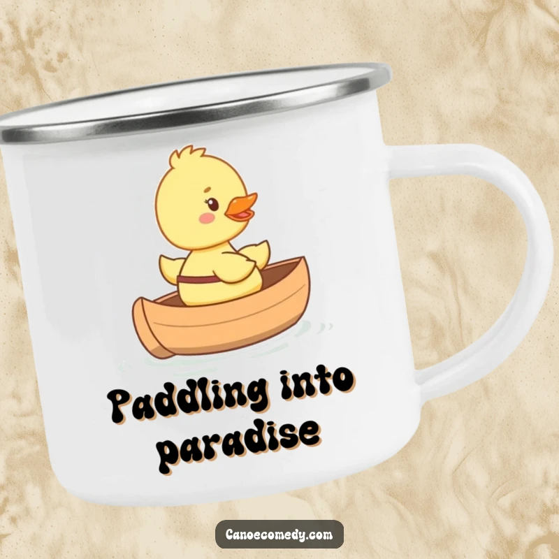 Funny happy duckling camping mug riding in a tiny canoe with a big smile, adorable and cheerful for outdoor drinking.