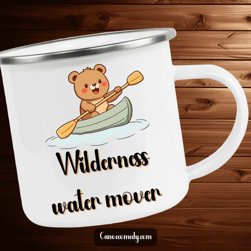 Funny camping mug with a cartoon bear paddling a canoe, celebrating the joy of the outdoors, a durable and funny gift.