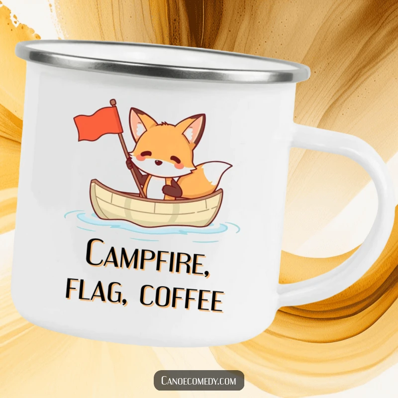 Funny enamel camping mug featuring a fox in a small canoe waving a flag, perfect for outdoor beverages.