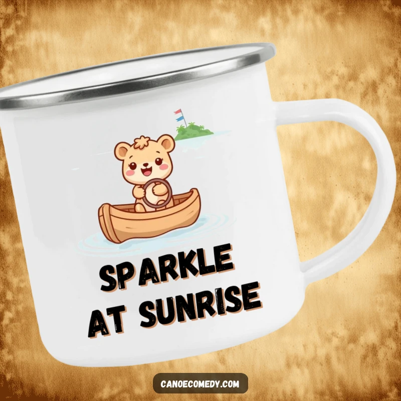 Funny camping mug featuring a joyful animal steering a canoe towards a distant, sparkly island, embodying happy adventures.