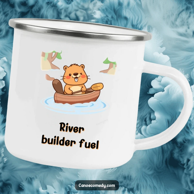 Funny camping mug with a happy cartoon beaver pushing a canoe, perfect for outdoor trips, a durable and funny gift.