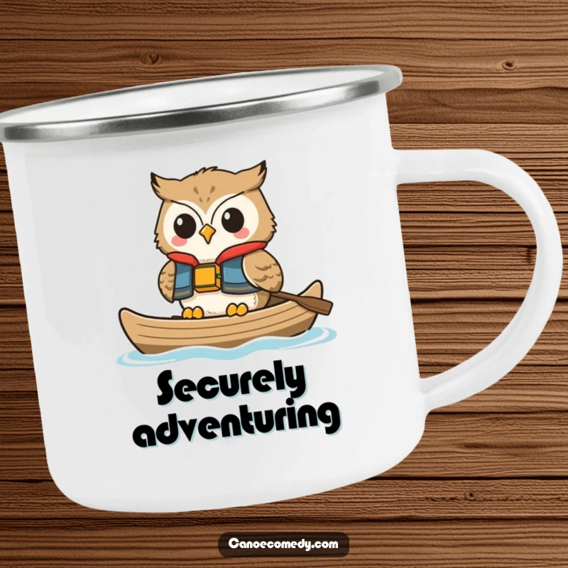 Funny owl camping mug, smiling contentedly in a life vest while floating in a canoe, a humorous and durable outdoor mug.