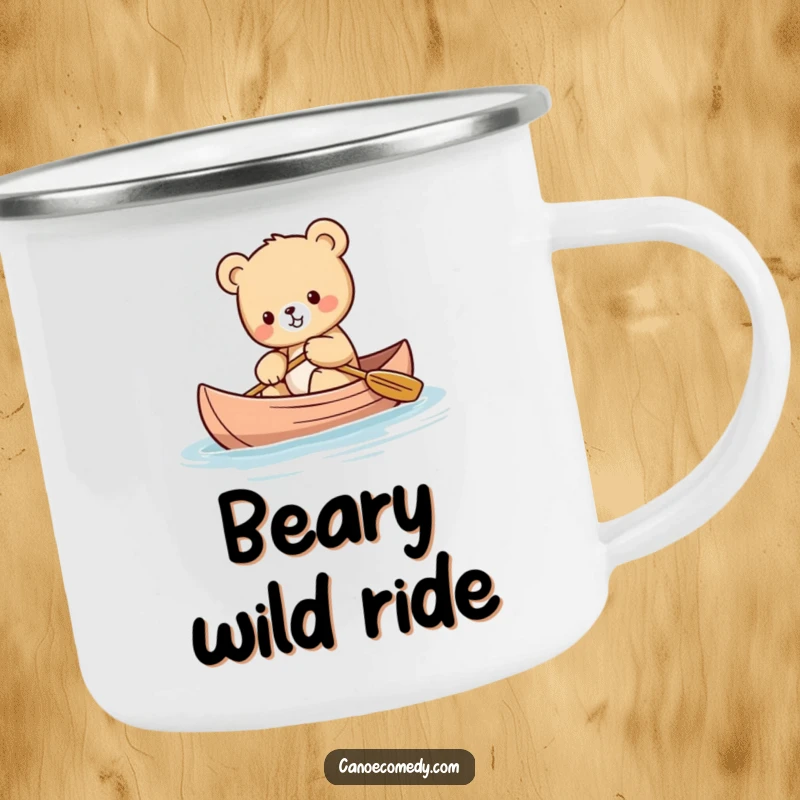 Funny Kawaii bear cub camping mug showing a cute bear cub trying to balance in a canoe.