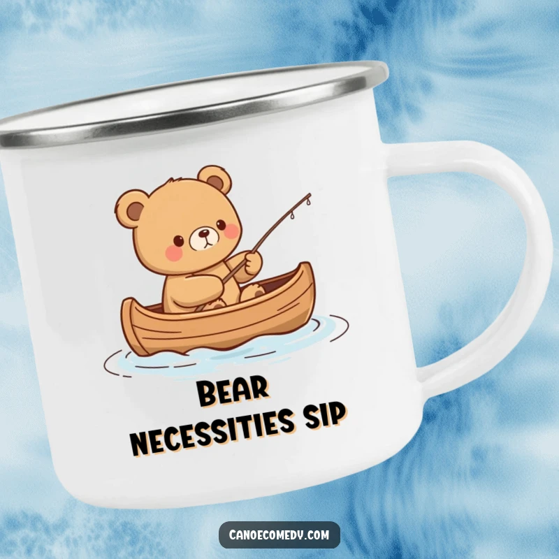 Funny Kawaii Bear Camping Mug: Content bear fishes from a canoe, perfect for outdoor adventures.