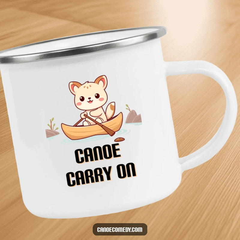 Funny Kawaii animal character precariously balancing in a small canoe on a durable camping mug, for outdoor laughs.