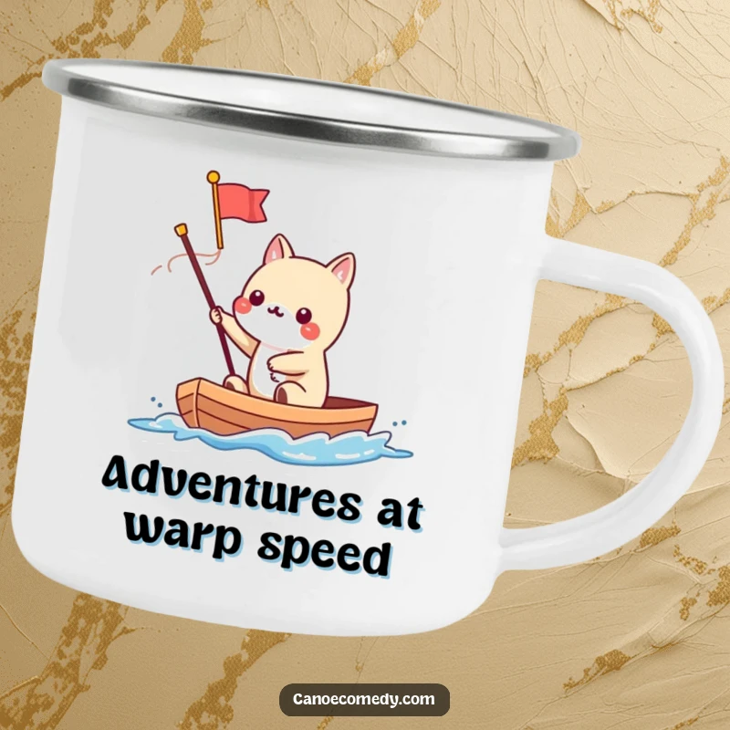 Funny Kawaii animal character waving a flag from a speeding canoe, on a durable camping mug for outdoor fun.