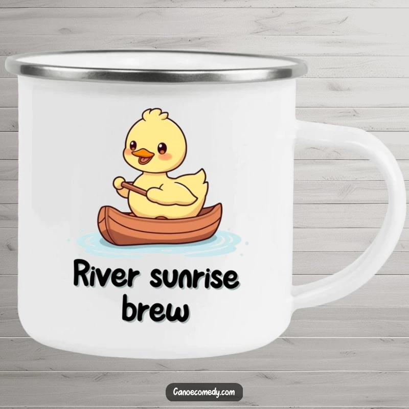 Funny, smiling Kawaii duck paddling a tiny canoe, on a sturdy camping mug.