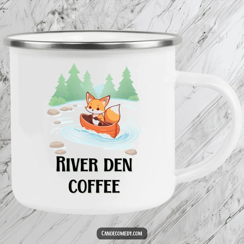 Funny Kawaii Fox Camping Mug: Determined fox navigates rapids in a canoe, perfect for outdoor adventures.