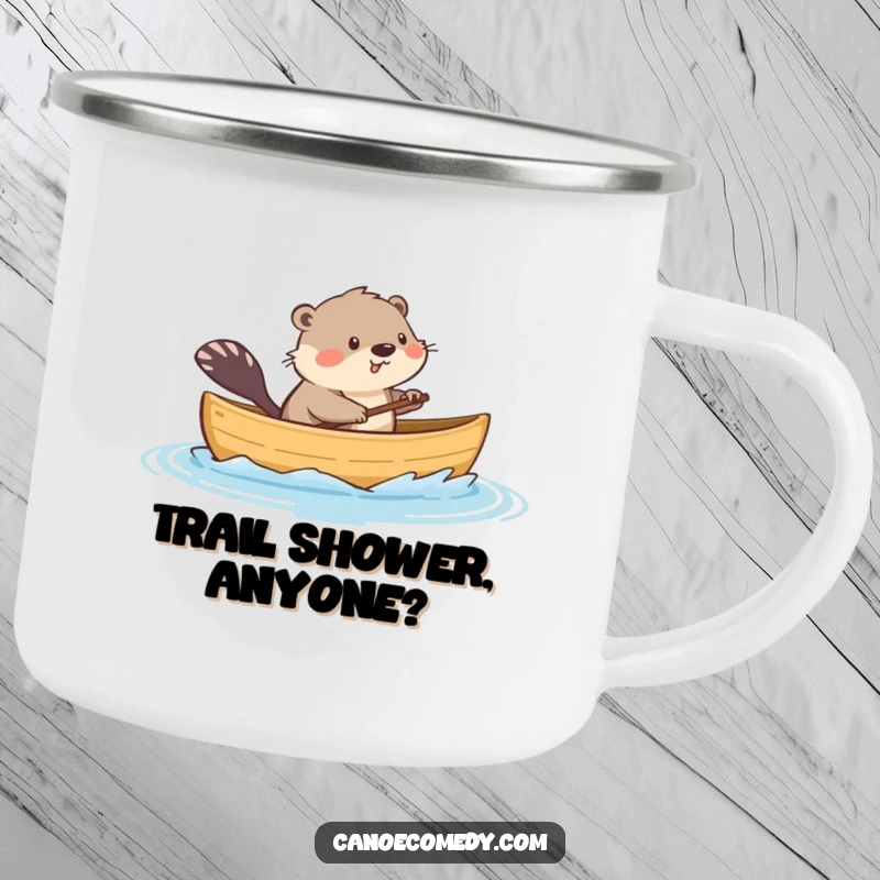 Funny camping mug featuring a playful kawaii muskrat in a canoe, splashing water, perfect for humorous outdoor sipping.