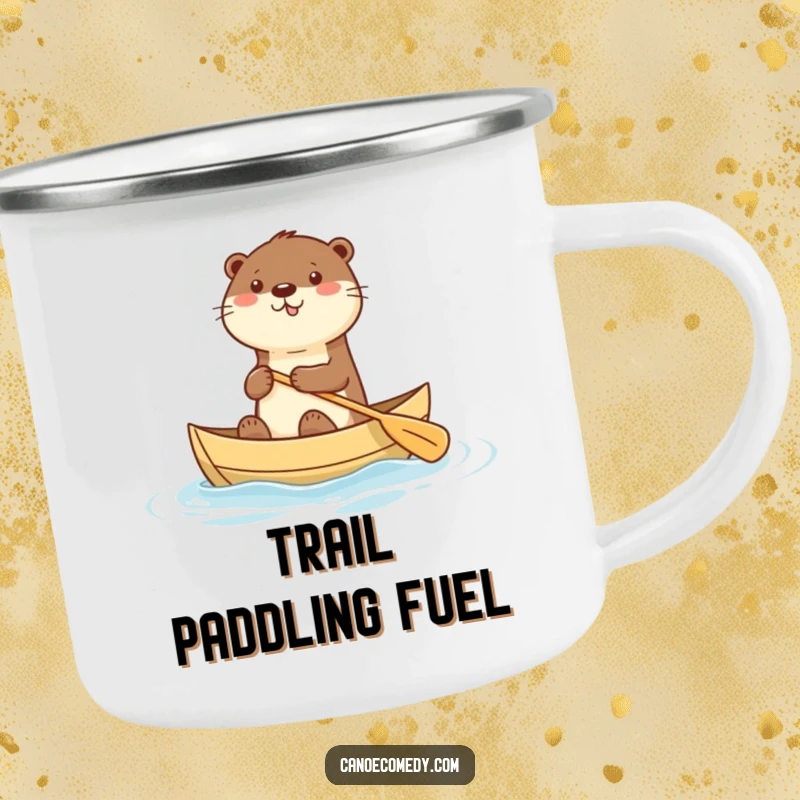 Funny camping mug with a happy kawaii otter paddling a canoe, perfect for outdoor adventures and cute humor.