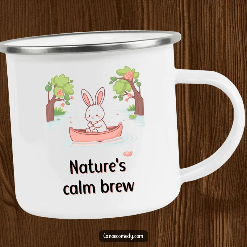 Funny kawaii rabbit in a canoe, peaceful camping mug, cute outdoor gear, gift for adventurers.