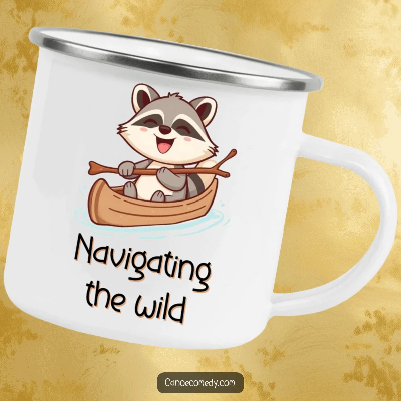 Funny camping mug featuring a cheerful kawaii raccoon steering a canoe with a twig, grinning broadly, perfect for humorous outdoor sipping.